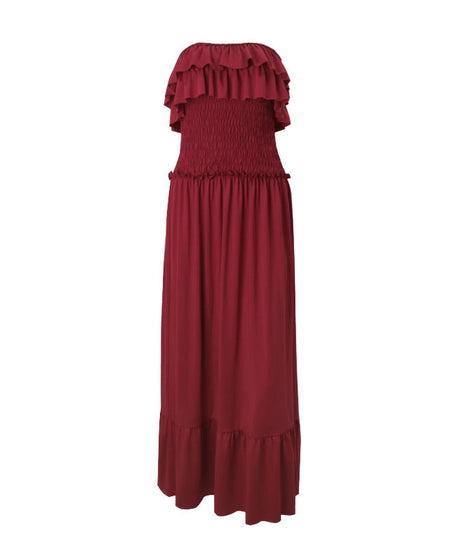 Effortless Elegance: Women's Smocked Ruffle Tube Maxi Dress in Rich Wine Red - Your Go-To for Fall & Festive Occasions