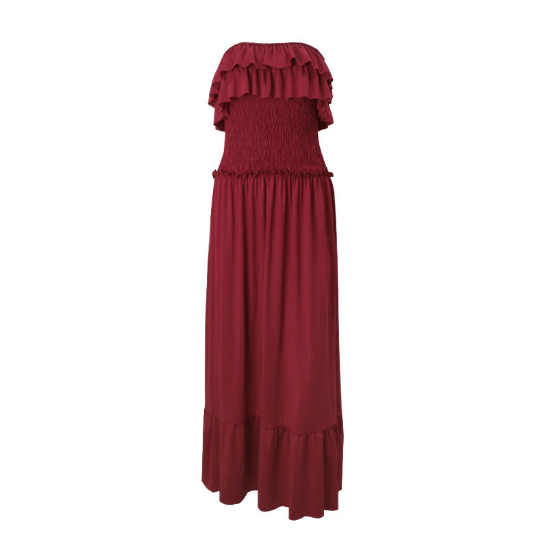 Effortless Elegance: Women's Smocked Ruffle Tube Maxi Dress in Rich Wine Red - Your Go-To for Fall & Festive Occasions