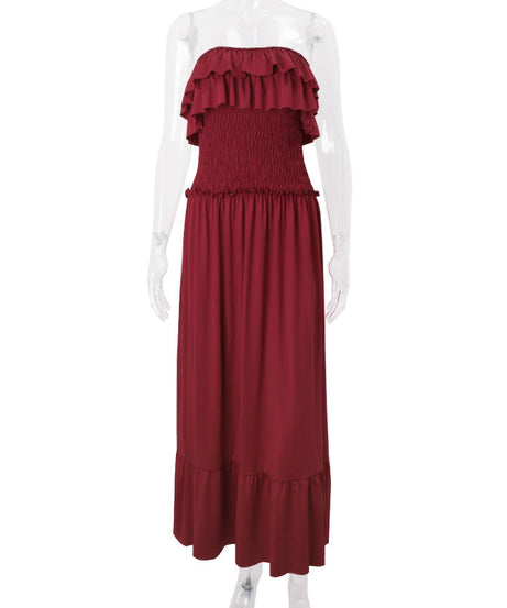 Effortless Elegance: Women's Smocked Ruffle Tube Maxi Dress in Rich Wine Red - Your Go-To for Fall & Festive Occasions