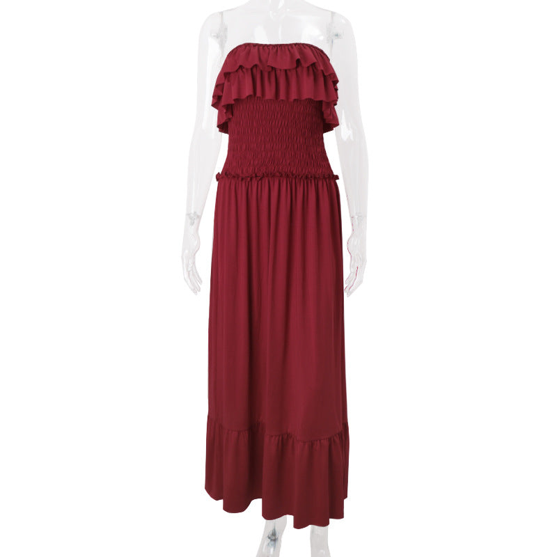 Effortless Elegance: Women's Smocked Ruffle Tube Maxi Dress in Rich Wine Red - Your Go-To for Fall & Festive Occasions