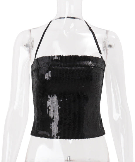 Dazzling Black Sequin Halter Crop Top - Your Go-To for Holiday Parties & NYE Glam