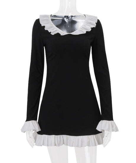 Wednesday Vibes Ruffle Trim Mini Dress - Spooky Chic for Fall & Halloween