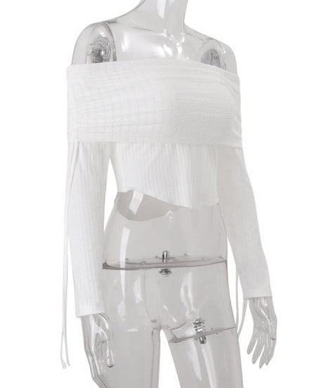 Fall's Must-Have Ribbed Off-Shoulder Crop Top with Drawstring Sleeves - Effortless American Chic