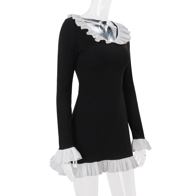Wednesday Vibes Ruffle Trim Mini Dress - Spooky Chic for Fall & Halloween