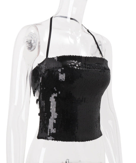 Dazzling Black Sequin Halter Crop Top - Your Go-To for Holiday Parties & NYE Glam