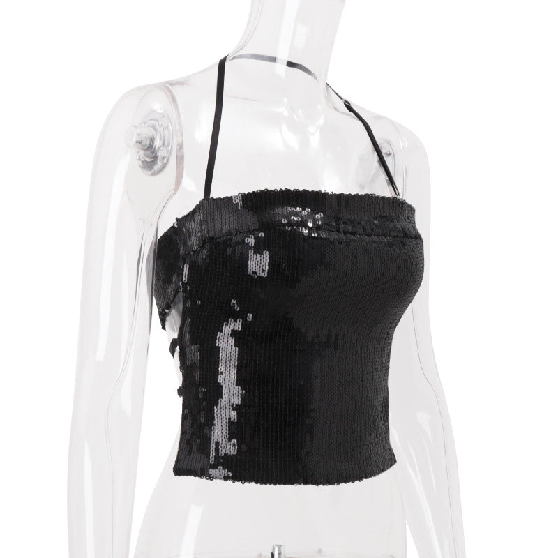 Dazzling Black Sequin Halter Crop Top - Your Go-To for Holiday Parties & NYE Glam