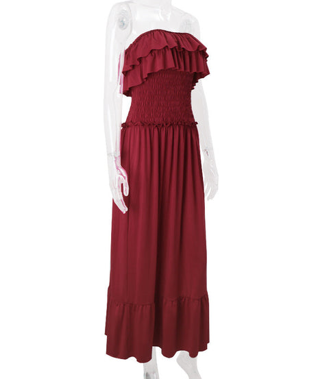 Effortless Elegance: Women's Smocked Ruffle Tube Maxi Dress in Rich Wine Red - Your Go-To for Fall & Festive Occasions