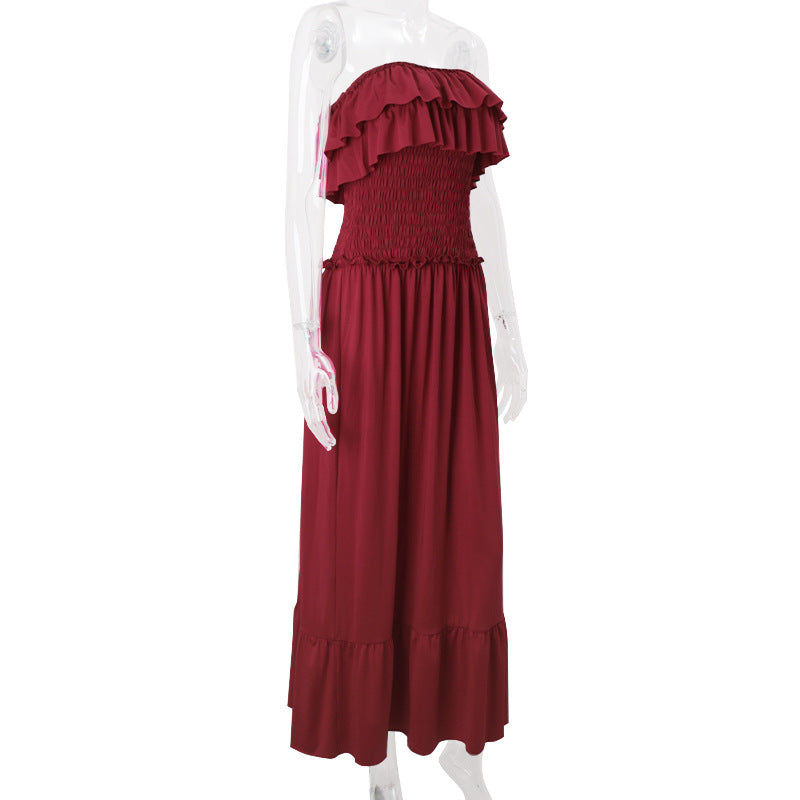 Effortless Elegance: Women's Smocked Ruffle Tube Maxi Dress in Rich Wine Red - Your Go-To for Fall & Festive Occasions