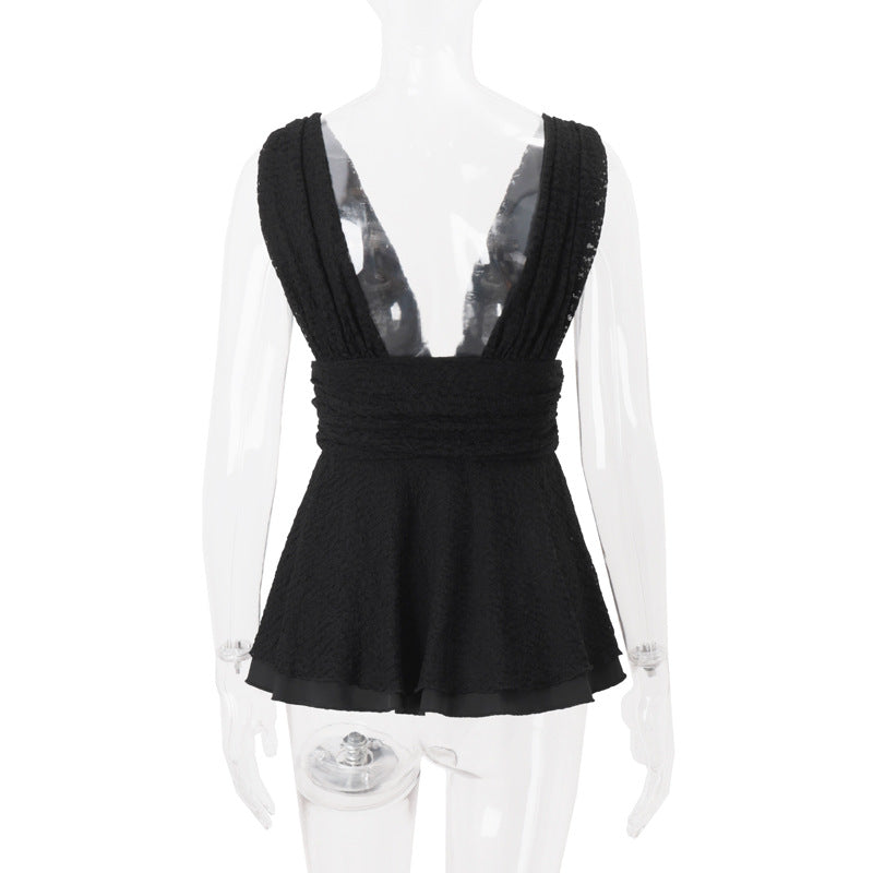 Sultry Black Lace Deep V Peplum Top | Fall & Holiday Party Perfect