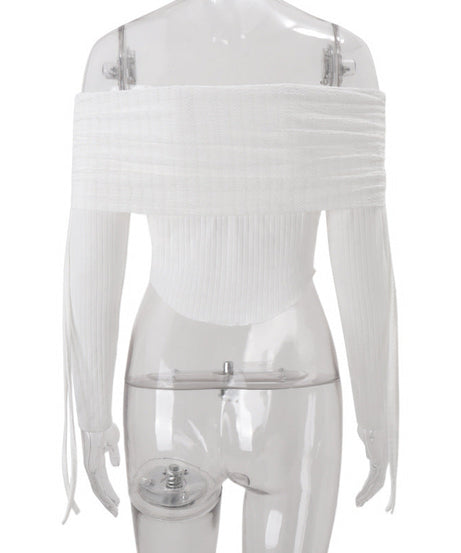Fall's Must-Have Ribbed Off-Shoulder Crop Top with Drawstring Sleeves - Effortless American Chic