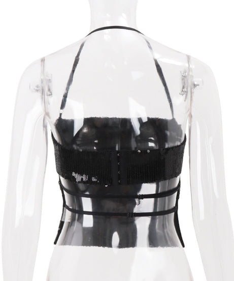 Dazzling Black Sequin Halter Crop Top - Your Go-To for Holiday Parties & NYE Glam
