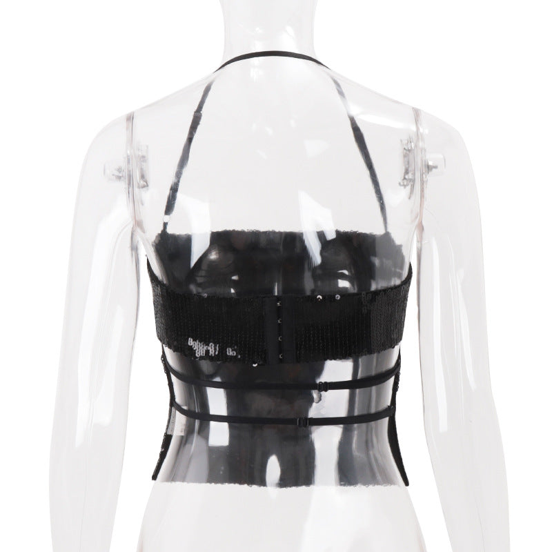 Dazzling Black Sequin Halter Crop Top - Your Go-To for Holiday Parties & NYE Glam
