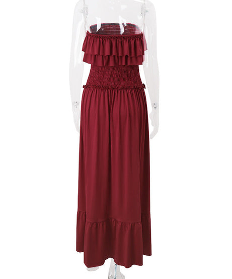 Effortless Elegance: Women's Smocked Ruffle Tube Maxi Dress in Rich Wine Red - Your Go-To for Fall & Festive Occasions