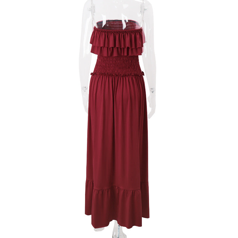 Effortless Elegance: Women's Smocked Ruffle Tube Maxi Dress in Rich Wine Red - Your Go-To for Fall & Festive Occasions