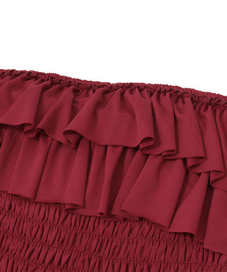 Effortless Elegance: Women's Smocked Ruffle Tube Maxi Dress in Rich Wine Red - Your Go-To for Fall & Festive Occasions