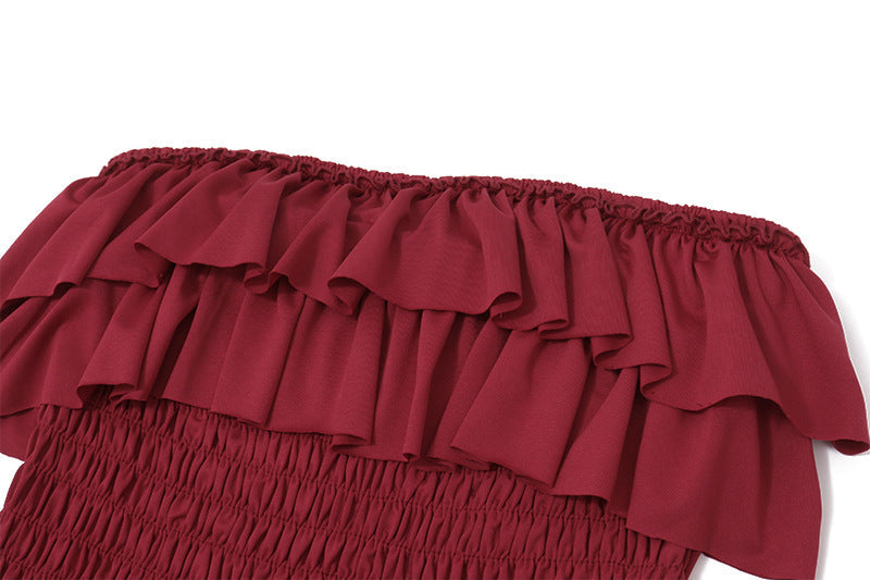Effortless Elegance: Women's Smocked Ruffle Tube Maxi Dress in Rich Wine Red - Your Go-To for Fall & Festive Occasions