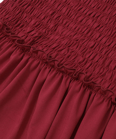 Effortless Elegance: Women's Smocked Ruffle Tube Maxi Dress in Rich Wine Red - Your Go-To for Fall & Festive Occasions