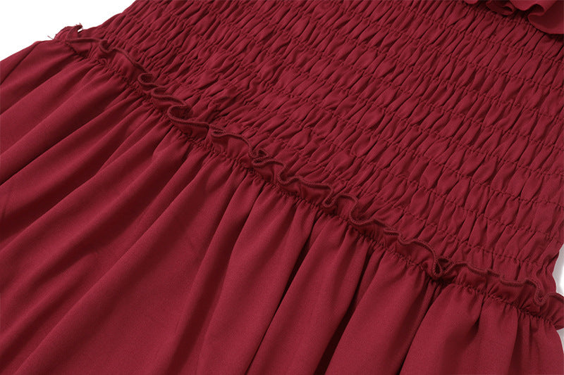 Effortless Elegance: Women's Smocked Ruffle Tube Maxi Dress in Rich Wine Red - Your Go-To for Fall & Festive Occasions
