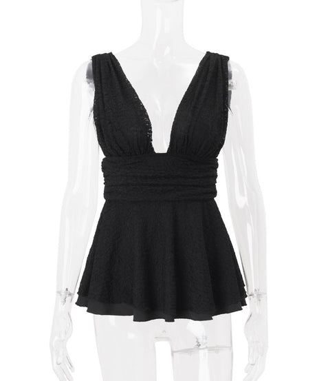 Sultry Black Lace Deep V Peplum Top | Fall & Holiday Party Perfect