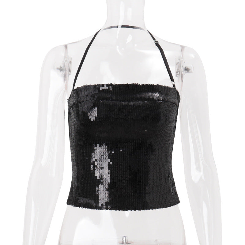 Dazzling Black Sequin Halter Crop Top - Your Go-To for Holiday Parties & NYE Glam