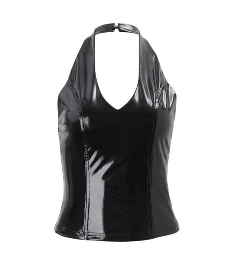 Sultry Shine: Black Patent Faux Leather Halter V-Neck Top for Fall Nights & Halloween