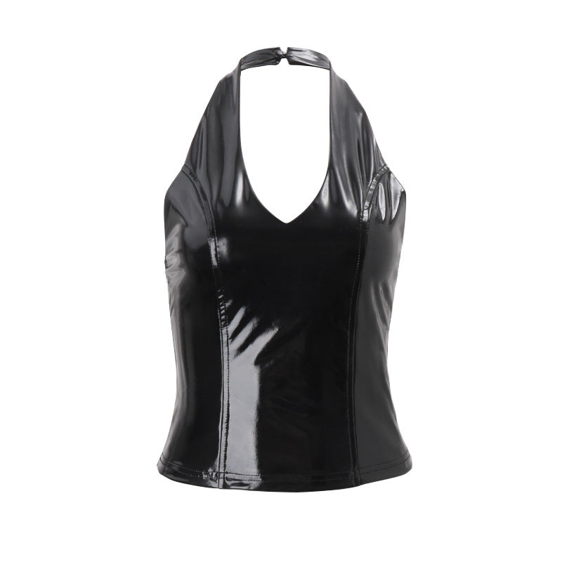 Sultry Shine: Black Patent Faux Leather Halter V-Neck Top for Fall Nights & Halloween