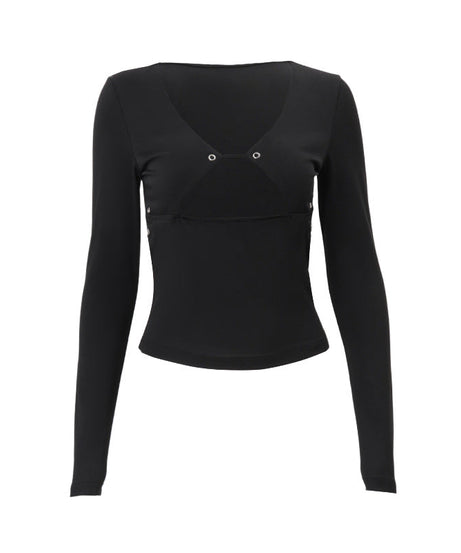 Edgy Chic Black Cutout Grommet Long Sleeve Top - Y2K Fall Fashion Statement
