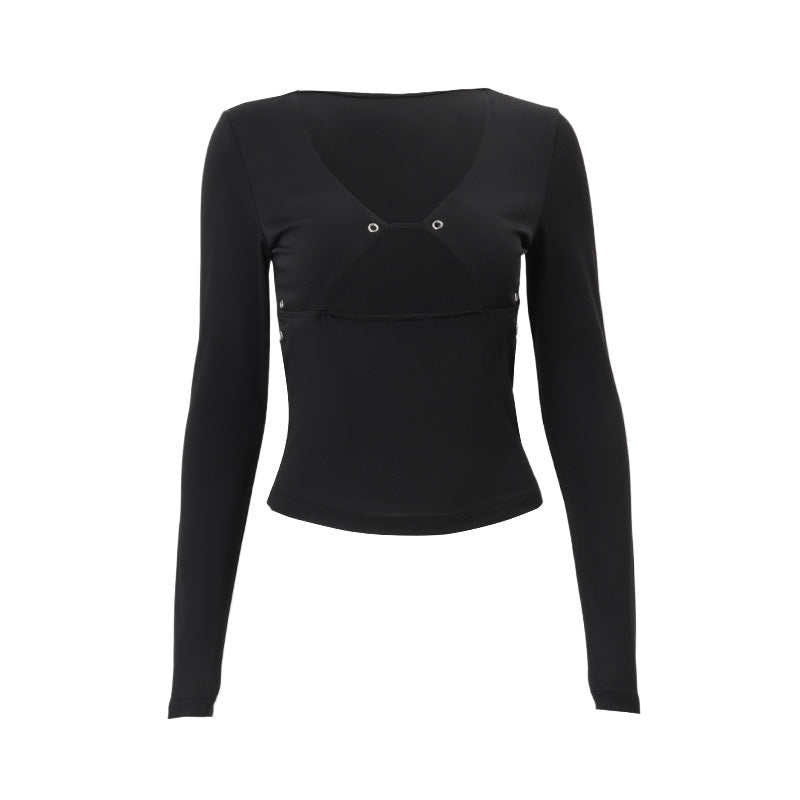 Edgy Chic Black Cutout Grommet Long Sleeve Top - Y2K Fall Fashion Statement