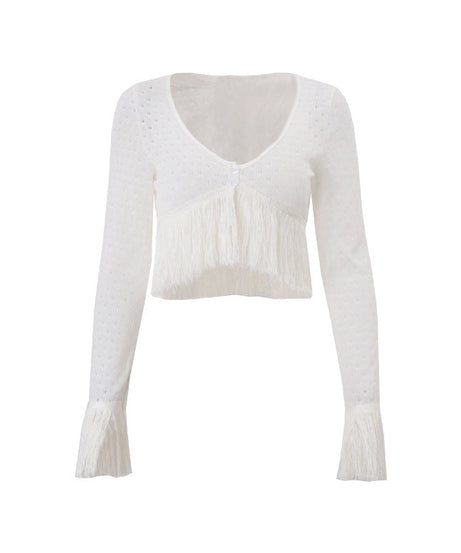 Autumn Boho Chic Fringe Knit V-Neck Cropped Sweater Top