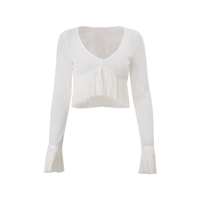 Autumn Boho Chic Fringe Knit V-Neck Cropped Sweater Top