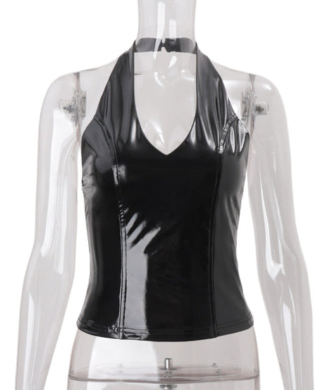 Sultry Shine: Black Patent Faux Leather Halter V-Neck Top for Fall Nights & Halloween