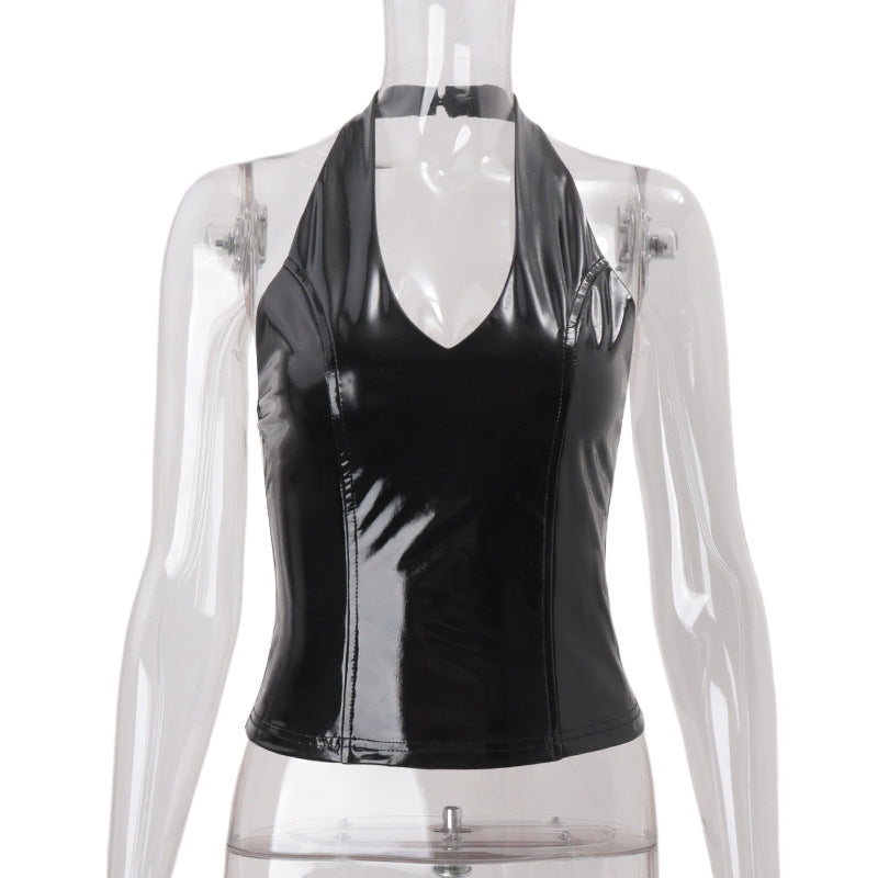 Sultry Shine: Black Patent Faux Leather Halter V-Neck Top for Fall Nights & Halloween