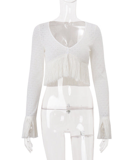 Autumn Boho Chic Fringe Knit V-Neck Cropped Sweater Top