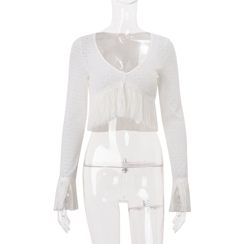 Autumn Boho Chic Fringe Knit V-Neck Cropped Sweater Top