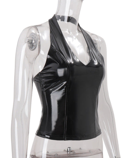 Sultry Shine: Black Patent Faux Leather Halter V-Neck Top for Fall Nights & Halloween