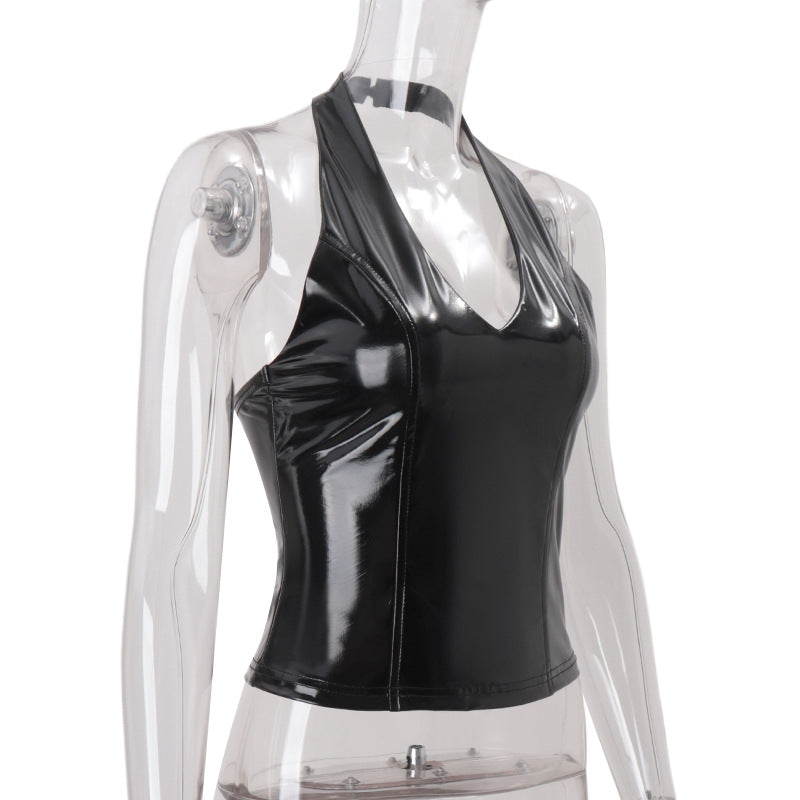 Sultry Shine: Black Patent Faux Leather Halter V-Neck Top for Fall Nights & Halloween