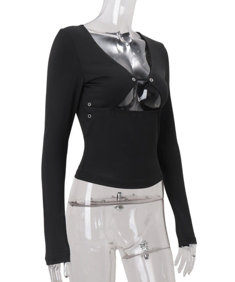 Edgy Chic Black Cutout Grommet Long Sleeve Top - Y2K Fall Fashion Statement