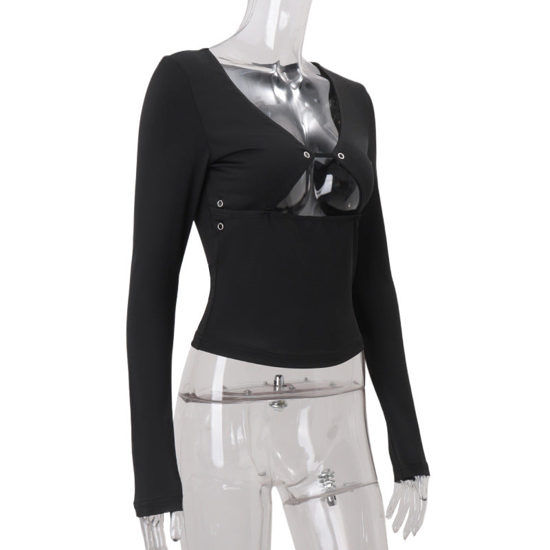 Edgy Chic Black Cutout Grommet Long Sleeve Top - Y2K Fall Fashion Statement