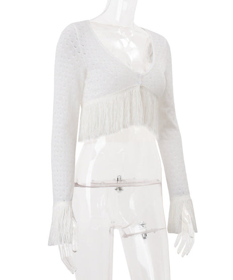 Autumn Boho Chic Fringe Knit V-Neck Cropped Sweater Top