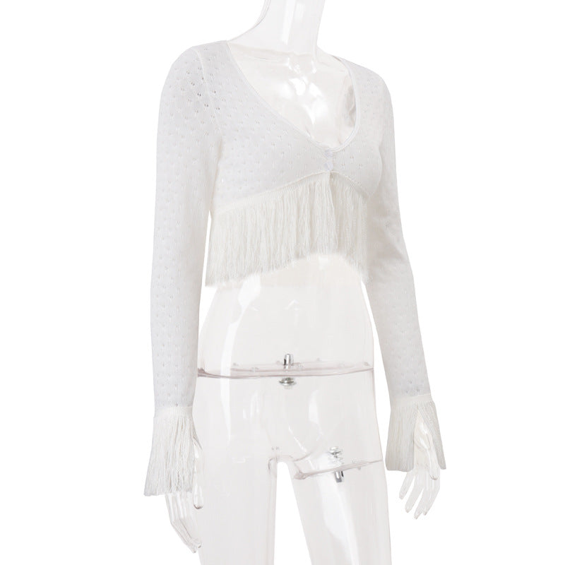 Autumn Boho Chic Fringe Knit V-Neck Cropped Sweater Top