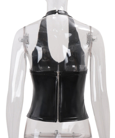 Sultry Shine: Black Patent Faux Leather Halter V-Neck Top for Fall Nights & Halloween