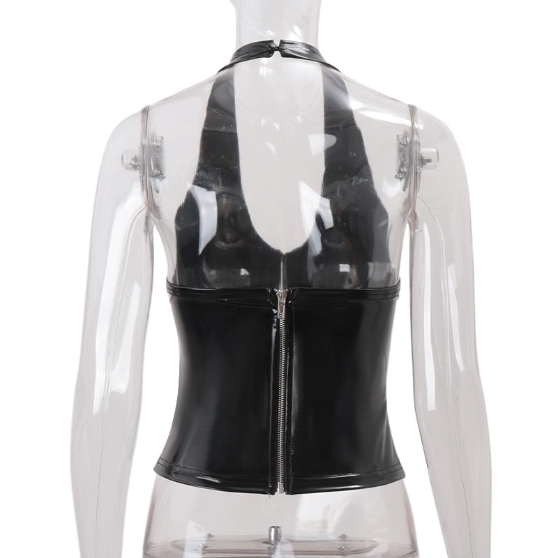Sultry Shine: Black Patent Faux Leather Halter V-Neck Top for Fall Nights & Halloween