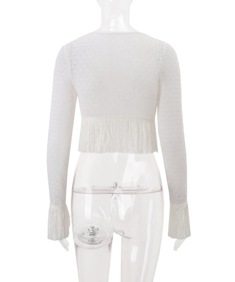 Autumn Boho Chic Fringe Knit V-Neck Cropped Sweater Top