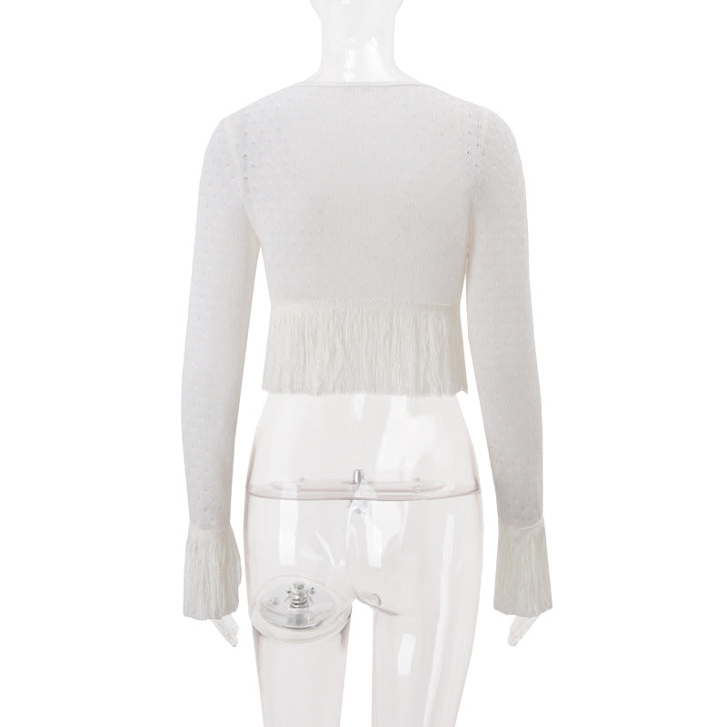 Autumn Boho Chic Fringe Knit V-Neck Cropped Sweater Top