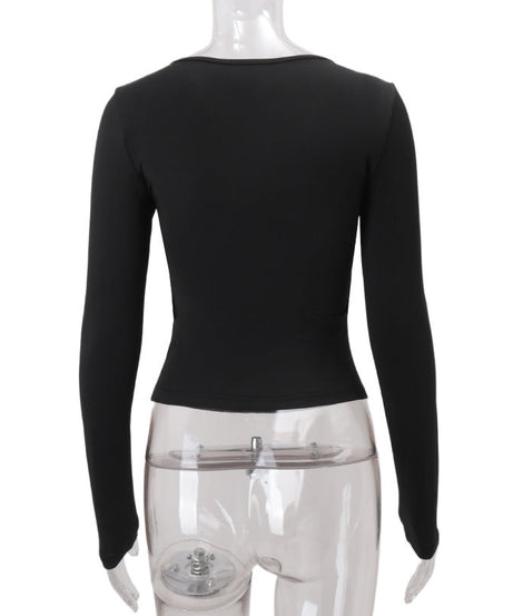 Edgy Chic Black Cutout Grommet Long Sleeve Top - Y2K Fall Fashion Statement