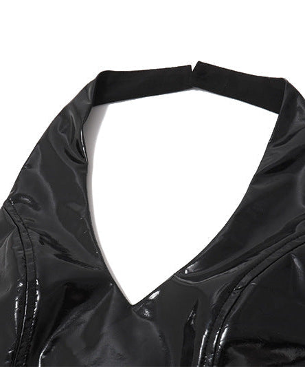 Sultry Shine: Black Patent Faux Leather Halter V-Neck Top for Fall Nights & Halloween