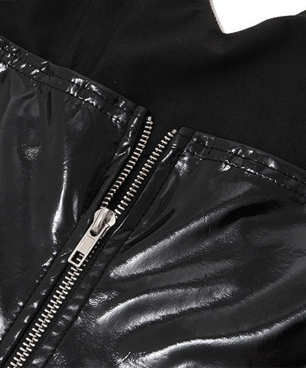 Sultry Shine: Black Patent Faux Leather Halter V-Neck Top for Fall Nights & Halloween