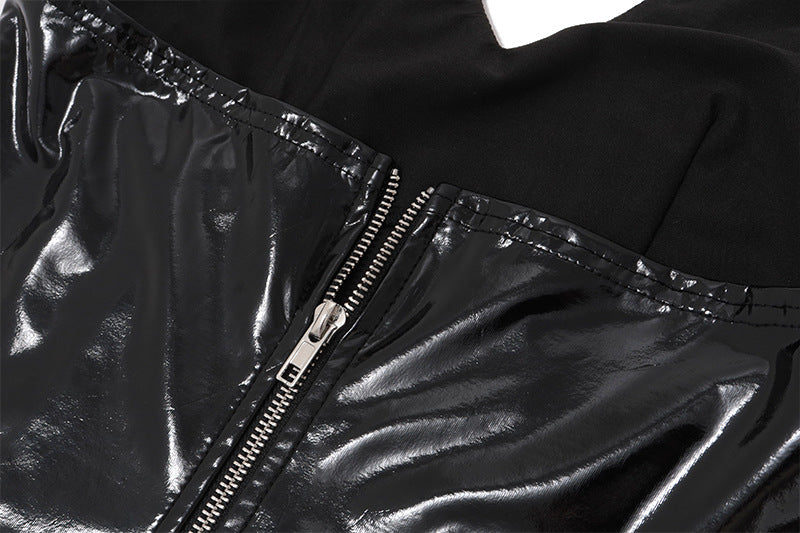 Sultry Shine: Black Patent Faux Leather Halter V-Neck Top for Fall Nights & Halloween