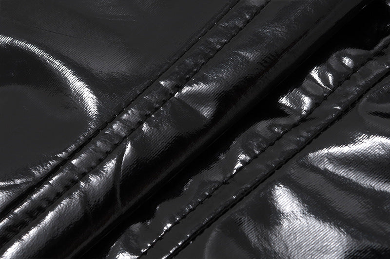 Sultry Shine: Black Patent Faux Leather Halter V-Neck Top for Fall Nights & Halloween