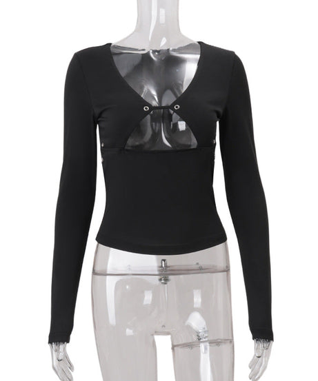 Edgy Chic Black Cutout Grommet Long Sleeve Top - Y2K Fall Fashion Statement